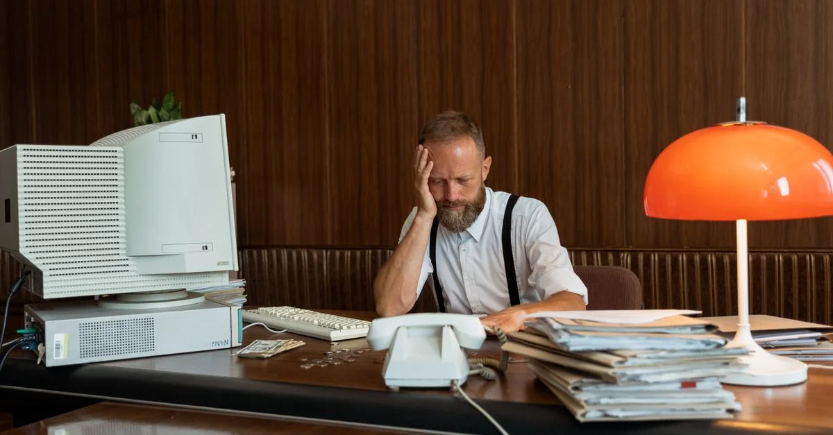 Homme adulte barbu se sentant stressé à son bureau vintage avec un ancien ordinateur et des papiers.