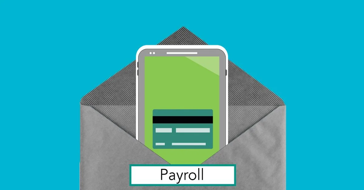 Illustration de la paie numérique avec smartphone, carte et enveloppe.