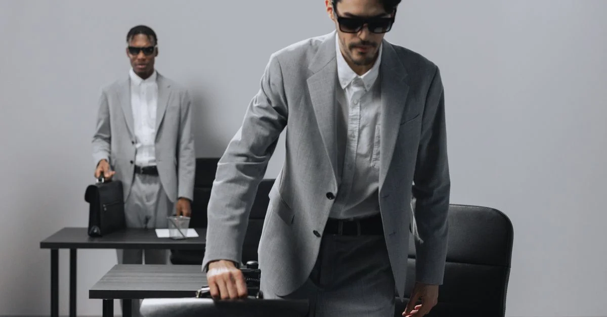 Deux hommes professionnels en costumes gris dans un bureau, dégageant une atmosphère sérieuse et moderne.