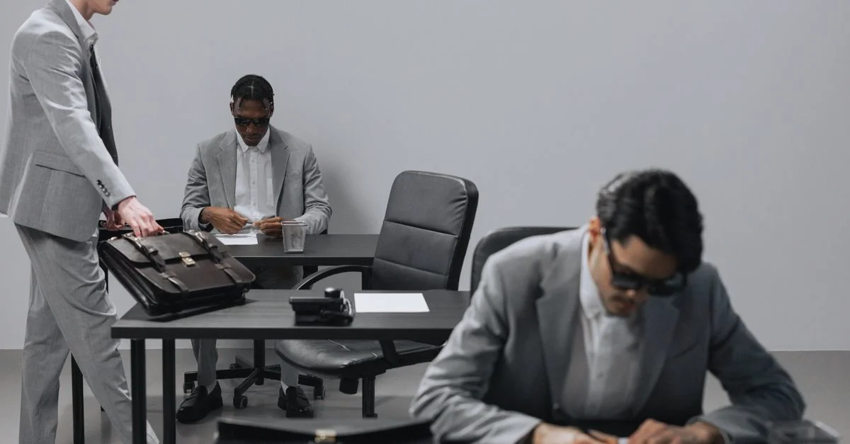 Bureau d'affaires avec des employés divers en costumes gris travaillant à des bureaux dans un cadre intérieur.