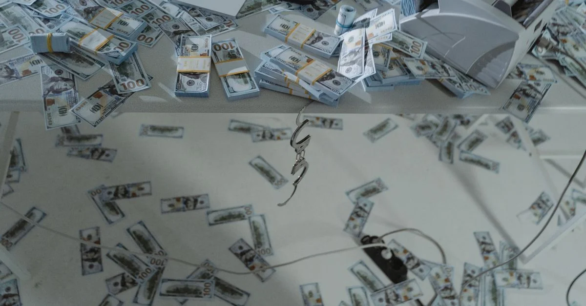 Des piles de billets en dollars américains éparpillés sur un bureau avec un compteur de billets et une calculatrice.